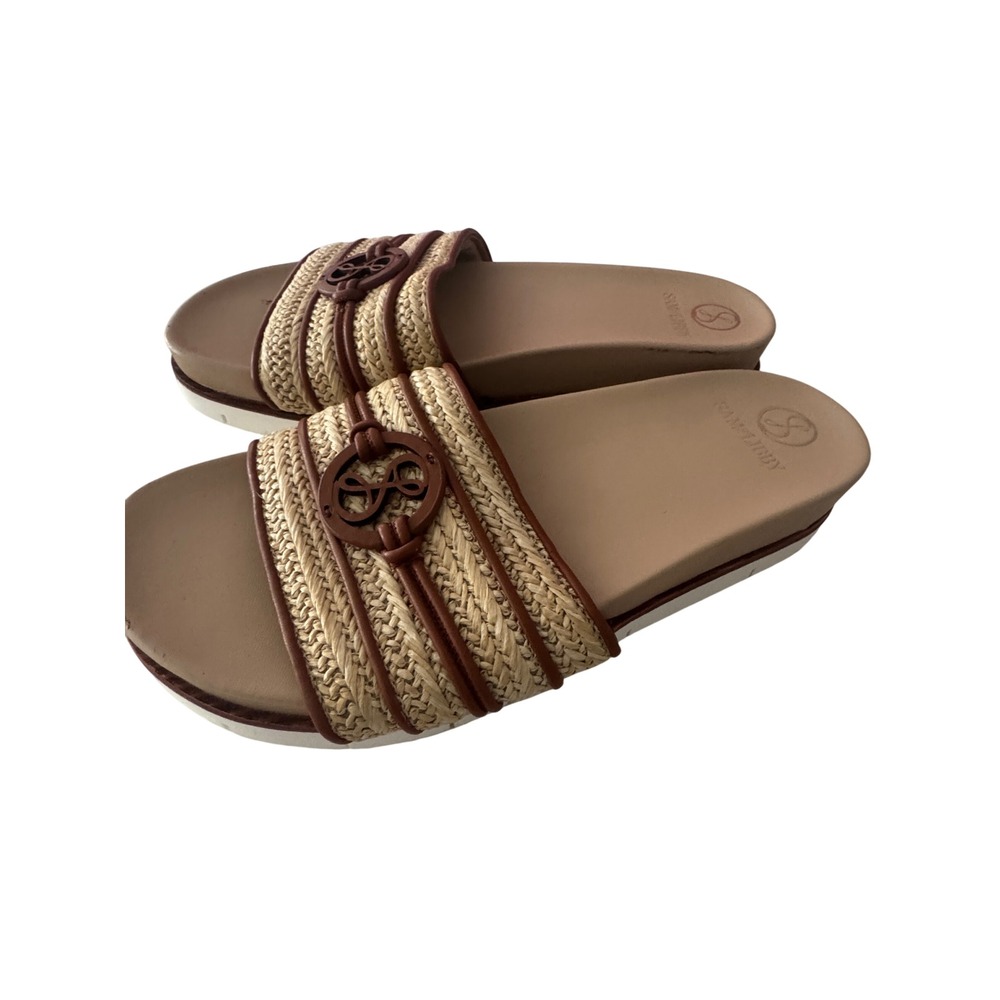 Sam & Libby Women Beige Woven Straw Logo Slide Sandals Size 9 Tan Cognac Brown